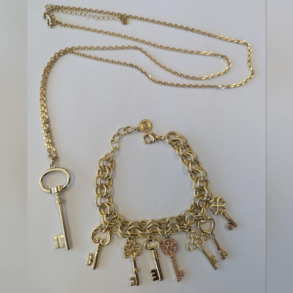 EVC RJ GRAZIANO GOLD TONE & PINK CRYSTAL NECKLACE & BRACELET SET